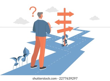 Man choose path. Young guy makes decision, travel and adventure. Life path and career, uncertainty. Opportunity or fail, option to achievement. Cartoon flat vector illustration