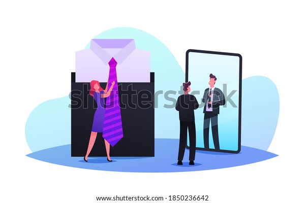 Man Choose Stylish Necktie. Saleswoman Help\
to Choose Tie to Businessman Stand front Huge Mirror in Apparel\
Store. Tiny Male Characters Buying Accessories Concept. Cartoon\
People Vector Illustration