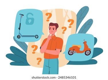 Man choose transport. Young guy chooses scooter or bike. Person with environmentally friendly transport for fitness. Purchase planning. Flat vector illustration isolated on white background