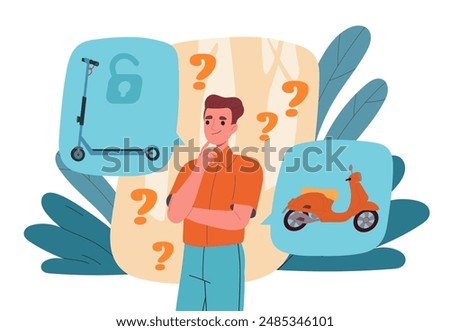 Man choose transport. Young guy chooses scooter or bike. Person with environmentally friendly transport for fitness. Purchase planning. Flat vector illustration isolated on white background