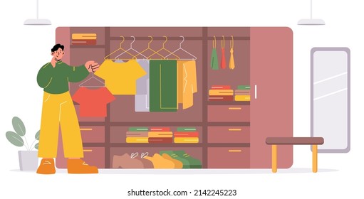 Man Choose T-shirt In Wardrobe. Vector Flat Illustration Of Cloakroom With Male Garment, Ties And Footwear In Cabinet, Hangers, And Mirror. Person In Walk In Closet With Open Wardrobe