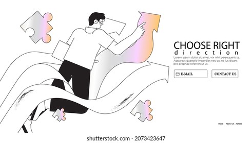 Man choose way concept. Start of career. Confident businessman think about right path. Pathway selection dilemma. Vector illustration of male character follow arrow to success or goal. Personal choice