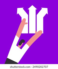 Man choose way concept. Start of career. Businessman think about right path. Pathway selection dilemma. Flat Vector illustration of male character follow arrow to success or goal.