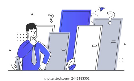 El hombre elige algo muy simple. Decisión y solución. Chico joven con diferentes puertas y líneas de vida. Planificación y visión de futuro. Doodle ilustración vectorial plana aislada sobre fondo blanco