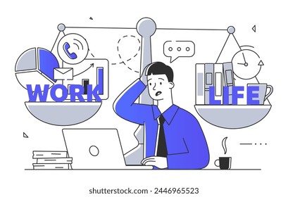 El hombre elige el equilibrio de la vida laboral simple. Hombre sentado cerca de pesas con diferentes formas de vida. Salud o carrera. Elegir entre dinero y tiempo. Doodle Ilustración vectorial plana aislada sobre fondo blanco