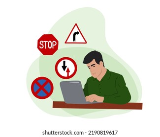 
A man chooses an answer to an online test question. Learning the rules of the road. Driving school education. Stages of training in a driving school. Passing a digital driving test. Vector 