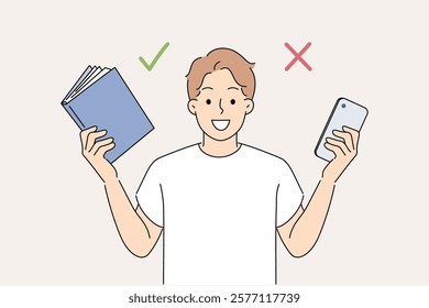 Man chooses between book and mobile phone to spend free time or reading educational literature. Student guy recommends reading books and refusing to use digital gadgets to improve intelligence