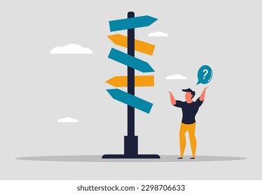 A man chooses between different options. Difficult choice before a person, to decide where to go. Difficult path and difficult choice,  man with a question mark solves the problem. Vector illustration