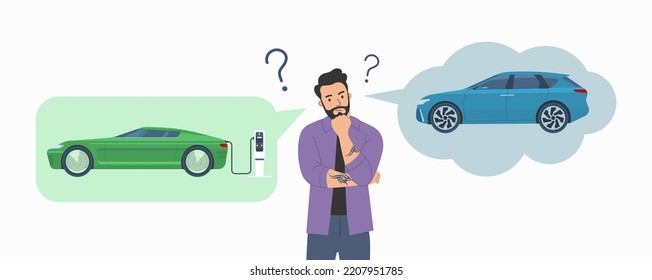 A man chooses between an electric car and a gasoline car. Vector illustration.
