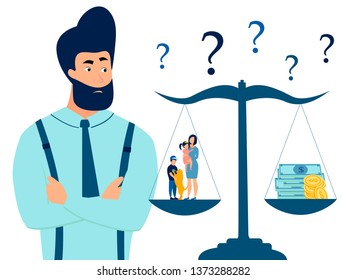 A man chooses between family and work. Scales of choice. Flat style. Cartoon vector illustration
