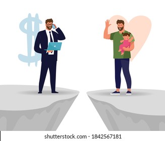 A man chooses between family and work. The problem of male priorities between career and family, business or health. Flat vector illustration