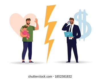 A man chooses between family and work. The problem of male priorities between career and family, business or health. Flat vector illustration