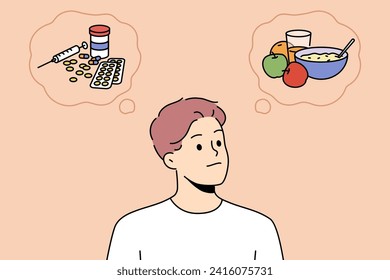 Man chooses between healthy food and pharmacological drugs, relieve appetite and hunger. Guy was thinking about buying expensive pills, promote weight loss due to effect on person appetite