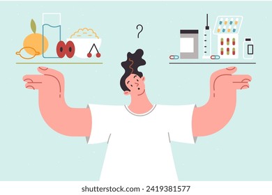 Man chooses between healthy nutrition and medications replace natural vitamins and allow to avoid gaining excess weight. Young guy needs help from nutritionist to choose right nutrition diet