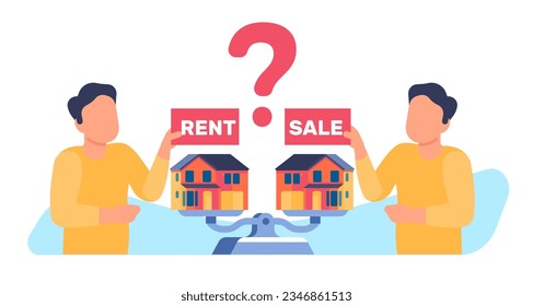 Man chooses between renting and buying real estate. Thoughtful person making decision. Solve dilemma question. House on scales. Rental residential building. Home