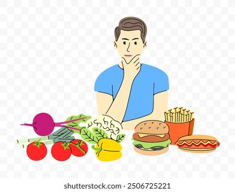 Man chooses between vegetables and fast food, graphic design. Food, meal, fast food and vegetables, vector design and illustration