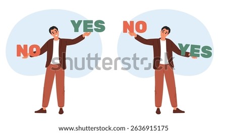 Man chooses between yes and no. Faced with choice of decisions. Thoughtful guy. Approve or reject word. Doubtful person thinking about opposite solutions. Agree or disagree dilemma. Vector concept
