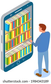 Man chooses book in digital online library or bookstore in smartphone app. Distance education with modern technology in phone. Guy looks at screen with virtual bookshelves and stacks of books