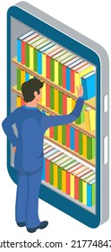 Man chooses book in digital online library or bookstore in smartphone app. Distance education with modern technology in phone. Guy looks at screen with virtual bookshelves and stacks of books