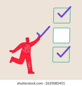 Man chooses check mark and puts it in the check-list. Colorful vector illustration

