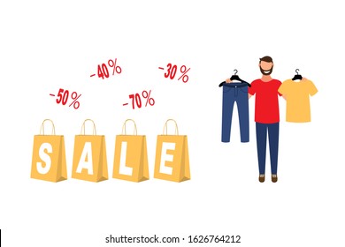 Man chooses a clothes. Boy try clothing. Vector illustration.Commerce discount money saving illustration with boy shopping