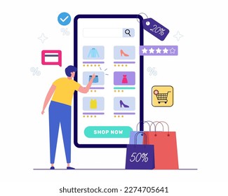 Man chooses clothes from online store, places order and pay online, E-Commerce and Shopping Online.