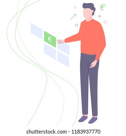 Man chooses a currency. Illustration for banks and financial institutions.
