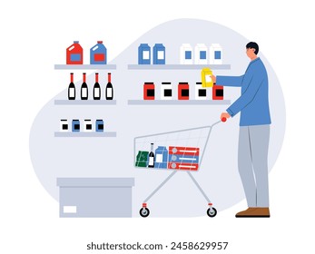 Un homme choisit les produits laitiers au besoin, le supermarché  la illustration vectorielle.