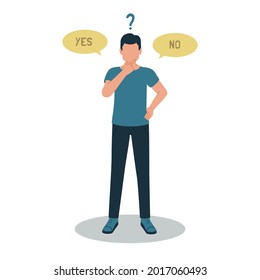 El hombre elige sí o no. Ilustración vectorial de un hombre con signos de interrogación. El tipo pensante