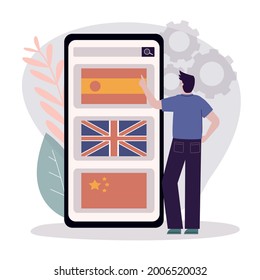 Man chooses foreign language to study. Student chooses online courses for learning different languages. Concept of e-learning and homeschooling. Application on phone screen. Flat vector illustration