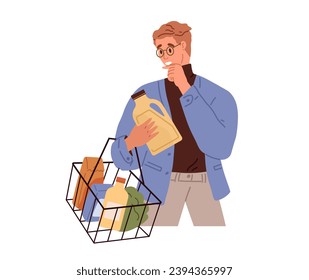 Man chooses goods in store, person buying household chemicals. Customer with basket full of plastic bottles. Aisles with household chemicals in supermarket. laundry detergent powder dishwashing liquid