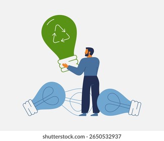 Man chooses green lamp with recycling symbol over ordinary ones. Good and bad business ideas. Creativity choice, solution concept. Vector illustration