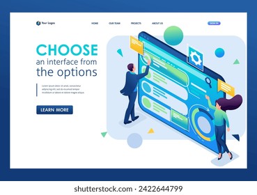 El usuario elige la interfaz de las opciones, personaliza la interfaz de usuario. 3D isométrico. Conceptos de página de inicio y diseño web