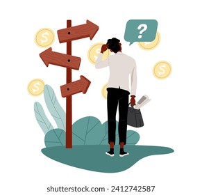Man chooses path concept. Young guy with wooden arrows at crossroad. Employee and worker think about future career. Motivation and leadership, success. Cartoon flat vector illustration