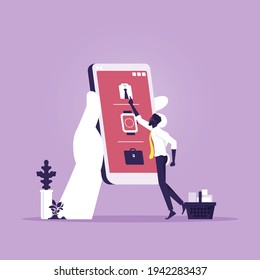 Man chooses products on the screen phone and puts in the basket, Digital marketing, Shopping on social networks through phone