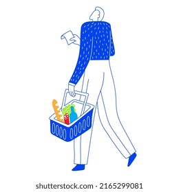 Man chooses purchases from a list and holds a basket of purchases in his hand. Shopping concept. Vector doodle illustration. Isolated on a white background.