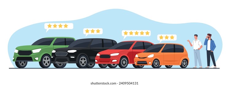 Man chooses rental car with star ratings. Salon manager and customer auto dealership. Male character buying vehicle. Different types of automobile. Cartoon flat isolated vector concept