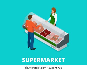 Man chooses sausages in the store. 