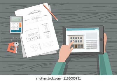 Man chooses selling and buying home. House rent concept.  Workplace.