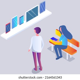 Man chooses smartphone at exhibition. Male character looking at mobile phones and tablets near promotion stand in shopping mall. Presentation of new technologies, gadgets, electronic devices at rack