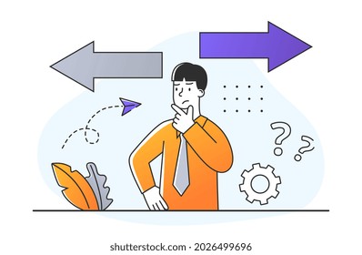 Man chooses solution. Character looking for a path that helps him achieve his goals. Reflections in search of right option. Cartoon flat vector minimalistic illustration isolated on white background