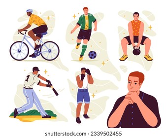 El hombre elige el juego deportivo. Caracter monta en bicicleta y entra para el boxeo, juega fútbol y béisbol, hace fitness en el gimnasio. Hombre pensando entre actividades físicas. Ilustraciones del vector plano de dibujos animados