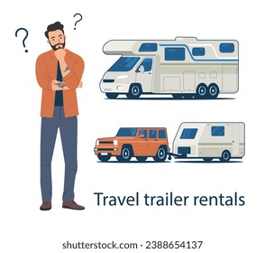 The man chooses the type of camper. Concept illustration of a campervan rental service. Vector illustration.