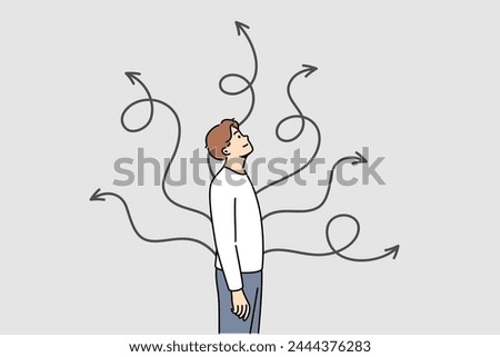 Man chooses way to solve situation, standing near arrows pointing in different directions. Young guy chooses right solution from several options, wanting to find most effective route