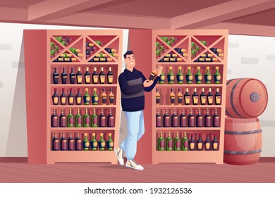 Man Choosing In Alcohol Shop. Wine Store Interioir Design With Shelves With Rows Of Bottles, Barrels In Background. Young Happy Guy Holding Bottle In Hands Vector Illustration.