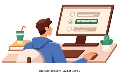 Man choosing answer for test or online survey.