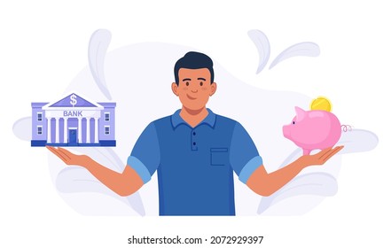 Man choosing between bank and piggybank, thinking about instrument for saving, planning budget. Money savings. investment. Bank loan and economy choice. Financial literacy. Vector illustration