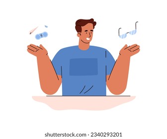 Man choosing between contact lenses and glasses, flat vector illustration isolated on white background. Poor vision treatment tools. Concepts of healthcare and ophthalmology.