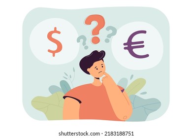 Man choosing between dollar and euro. Person thinking of exchanging money into euro flat vector illustration. Currency, finances, banking, economy concept for banner, website design or landing page