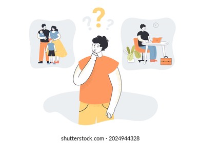 Man choosing between family and work flat vector illustration. Cartoon character making difficult decision. Trouble, life concerns concept